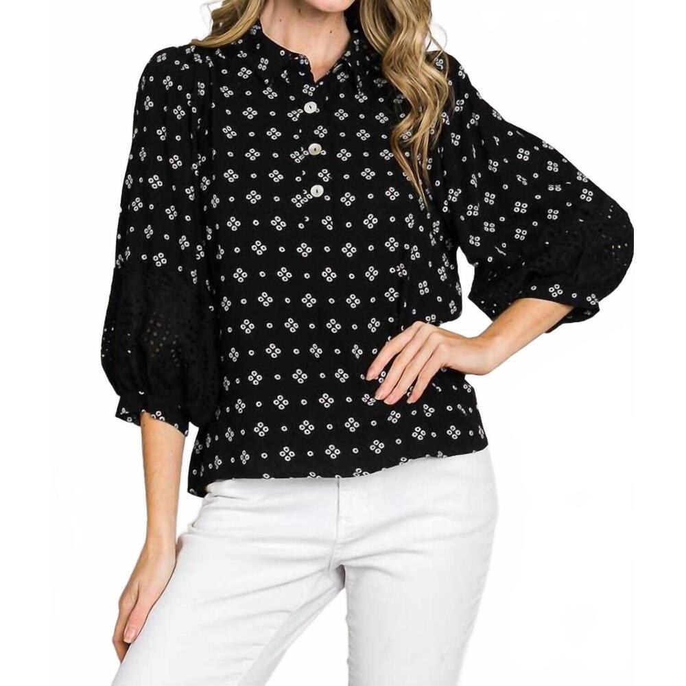 NEW CERULE bracelet sleeve with embroidered eyelet lace trim blouse in black